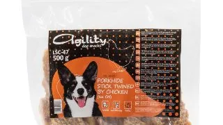 AGILITY Betisoare de 16 cm din Piele Impletite, XS-XL, Porc si Pui, galetusa recompense caini, 500g