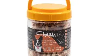 AGILITY, XS-XL, Pui si Rata, galetusa recompense caini, 500g