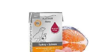 PLATINUM Menu Adult, XS-XL, Curcan si Somon, tetra pack hrana umeda fara cereale caini, (in suc propriu), 185g
