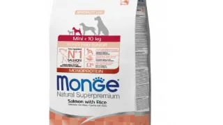 MONGE Natural Superpremium Monoprotein Puppy&Junior Mini, XS-S, Somon si Orez, hrana uscata caini junior, 7.5kg