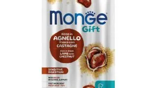 MONGE Gift Sensitive Digestion, XS-XL, Miel si Castane, punguta recompense functionale fara cereale caini, sistem digestiv, 45g