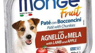 MONGE Fruit, XS-XL, Miel si Mere, tavita hrana umeda fara cereale caini, (in suc propriu), bax, 100g x 32buc