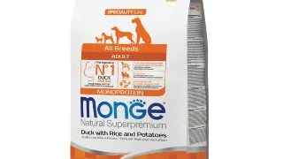 MONGE Natural Superpremium Monoprotein, XS-XL, Rata si Orez, hrana uscata caini, 2.5kg