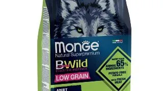 MONGE BWild, XS-XL, Mistret, hrana uscata continut redus cereale caini, 2.5kg
