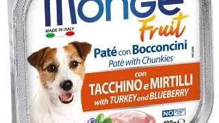 MONGE Fruit, XS-XL, Curcan si afine, tavita hrana umeda fara cereale caini, (in suc propriu), 100g