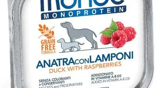 MONGE Monoprotein, XS-XL, Rata si Zmeura, tavita hrana umeda monoproteica fara cereale caini, (pate), 150g