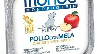 MONGE Monoprotein Puppy&Junior, XS-XL, Pui si Mar, tavita hrana umeda monoproteica fara cereale caini junior, (pate), bax, 150g x 24buc