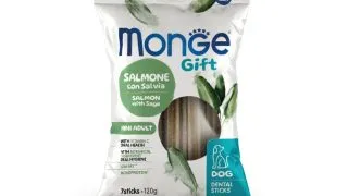 MONGE Gift Mini Dental Sticks, XS-S, Somon si Salvie, punguta recompense functionale fara cereale caini, sensibilitati dentare, 120g