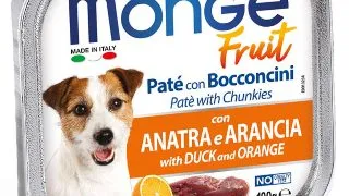 MONGE Fruit, XS-XL, Rata si Portocale, tavita hrana umeda fara cereale caini, (in suc propriu), bax, 100g x 32buc