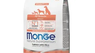 MONGE Natural Superpremium Monoprotein, XS-XL, Somon si Orez, hrana uscata caini, 12kg