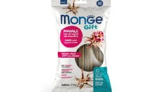 MONGE Gift Puppy&Junior Medium and Maxi Dental Sticks, M-XL, Porc si Gheara Diavolului, punguta recompense functionale fara cereale caini junior, 210g