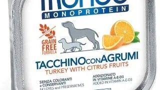 MONGE Monoprotein, XS-XL, Curcan si Fructe, tavita hrana umeda monoproteica fara cereale caini, (pate), bax, 150g x 24buc