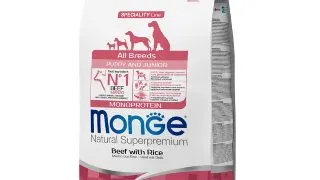 MONGE Natural Superpremium Monoprotein Puppy&Junior, XS-XL, Vita si Orez, hrana uscata caini junior, 12kg
