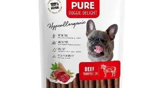 PET'S DESSERT Pure Doggie Delight Hypoallergenic, XS-XL, Vita, punguta recompense monoproteice fara cereale caini, alergii, 80g