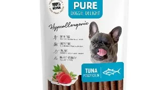 PET'S DESSERT Pure Doggie Delight Hypoallergenic, XS-XL, Ton, punguta recompense monoproteice fara cereale caini, alergii, 80g
