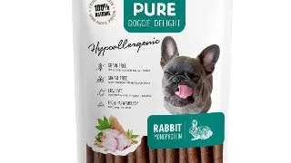 PET'S DESSERT Pure Doggie Delight Hypoallergenic, XS-XL, Iepure, punguta recompense monoproteice fara cereale caini, alergii, 80g