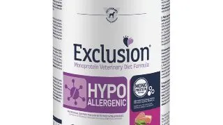 EXCLUSION Monoprotein VD Hypoallergenic, XS-XL, Porc si Mazare, dieta veterinara, conserva hrana umeda fara cereale caini, alergii, (pate), 400g