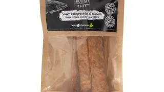 PIU BUONO Single Protein Meat Strips, XS-XL, Somon, punguta recompense monoproteice BARF caini, 70g