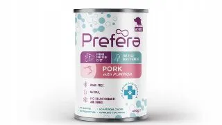 PREFERA MPD, XS-XL, Porc si dovleac, dieta veterinara, conserva hrana umeda monoproteica fara cereale caini, (in suc propriu), 400g