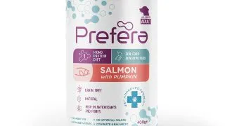 PREFERA MPD, XS-XL, Somon si dovleac, dieta veterinara, conserva hrana umeda monoproteica fara cereale caini, (in suc propriu), 400g