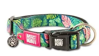MAX & MOLLY Smart ID Tropical, zgarda caini, ajustabila, poliester, verde multicolor, catarama trident, M(34-55  x 2cm)