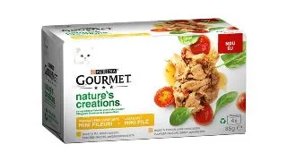PURINA Gourmet Nature's Creations, 2 arome (Pui cu Spanac, Curcan cu Pastarnac), pachet mixt, conserva hrana umeda pisici, 85g x 4