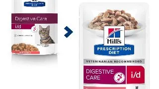 HILL'S Prescription Diet i/d Sensitive Digestive Care, Somon, dieta veterinara pisici, plic hrana umeda, sistem digestiv, 85g x 12buc