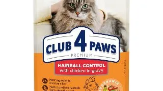 CLUB 4 PAWS Premium Hairball Control, Pui, plic hrana umeda pisici, limitarea ghemurilor de blana, (in sos), 80g