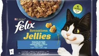 PURINA Felix Sensations, 2 arome (Somon si Pastrav), pachet mixt, plic hrana umeda pisici, (in aspic), 85g x 4