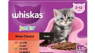 WHISKAS Junior Selectii Clasice, Miel, Vita, Pui si Pasare, plic hrana umeda pisici, (in sos), multipack, 85g x 12