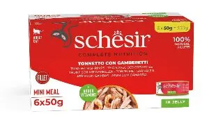SCHESIR Complete Nutrition Multipack, Ton si Creveti, conserva hrana umeda pisici, (in aspic), multipack, 50g x 6buc