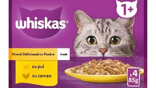WHISKAS Selectii Pasare, Pui si Curcan, plic hrana umeda pisici, (in aspic), multipack, 85g x 4