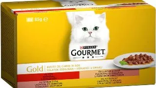 PURINA Gourmet Gold, 4 arome (Vita, Curcan si Rata, Somon si Pui, Pui si Ficat), pachet mixt, conserva hrana umeda pisici, (bucati in sos), 85g x 4