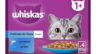 WHISKAS Selectii Peste, Somon si Ton, plic hrana umeda pisici, (in aspic), multipack, 85g x 4