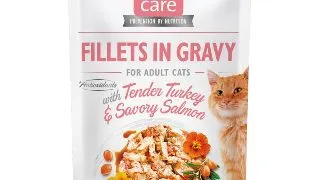 BRIT Care Fillets In Gravy, Curcan si Somon, plic hrana umeda fara cereale pisici, (in sos), 85g