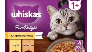 WHISKAS Pure Delight Selectii Pasare, Pui si Curcan, plic hrana umeda pisici, (in aspic), multipack, 85g x 4