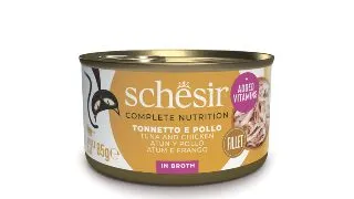 SCHESIR Complete Nutrition, Ton si Pui, conserva hrana umeda pisici, (in supa), 85g