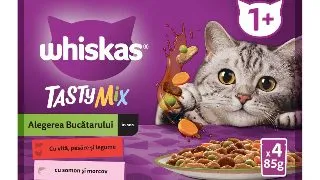 WHISKAS Tasty Mix Chef's Choice, Somon, Vita si Pasare, plic hrana umeda pisici, (in sos), multipack, 85g x 4