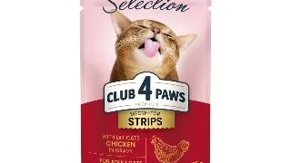 CLUB 4 PAWS Premium Selection Stripsuri, Pui, plic hrana umeda pisici, (in sos), 85g