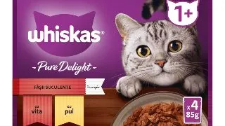 WHISKAS Pure Delight Selectii Clasice, Vita si Pui, plic hrana umeda pisici, (in aspic), multipack, 85g x 4