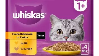 WHISKAS Selectii Pasare, Pui si Curcan, plic hrana umeda pisici, (in sos), multipack, 85g x 4