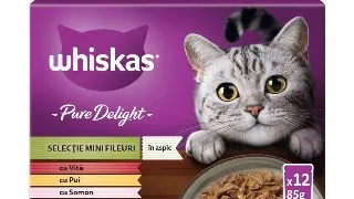 WHISKAS Pure Delight Mixed Selection, Vita, Pui, Somon si Ton, plic hrana umeda pisici, (in aspic), multipack, 85g x 12