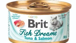 BRIT Fish Dreams, Ton si Somon, conserva hrana umeda pisici, (in suc propriu), 80g