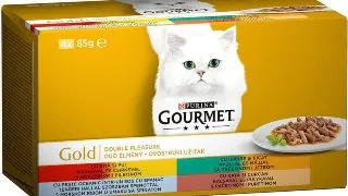 PURINA Gourmet Gold, 4 arome(Vita si Pui, Rata si Curcan, Peste cu Spanac, Iepure si Ficat), multipack, conserva hrana umeda pisici, (in sos), 85g x 4