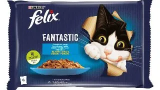 PURINA Felix Fantastic, 2 arome (Somon si Peste Cambula), pachet mixt, plic hrana umeda pisici, (in aspic), 85g x 4