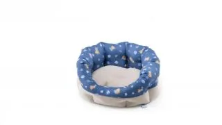 LEOPET Santorini Baby Bear, cos oval pisici, poliester, imprimeu ursuleti, perna reversibila, antiderapant, albastru si crem, 45x35x18cm