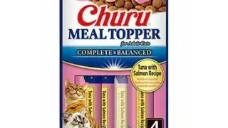 INABA Churu Meal Topper, Ton si Somon, plic, tub recompense fara cereale pisici, (piure), 56g