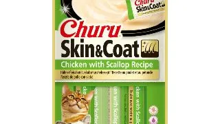INABA Churu Skin & Coat, Pui si Scoici, plic, tub recompense fara cereale pisici, piele & blana, (piure), 56g