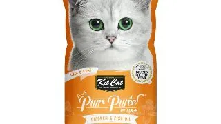 KIT CAT Purr Puree Plus Skin & Coat, Pui, plic, punguta recompense functionale fara cereale pisici, piele & blana, 15g x 4buc