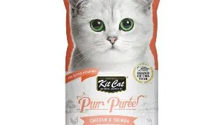KIT CAT Purr Puree, Pui si Somon, plic, punguta recompense fara cereale pisici, (piure), 15g x 4buc